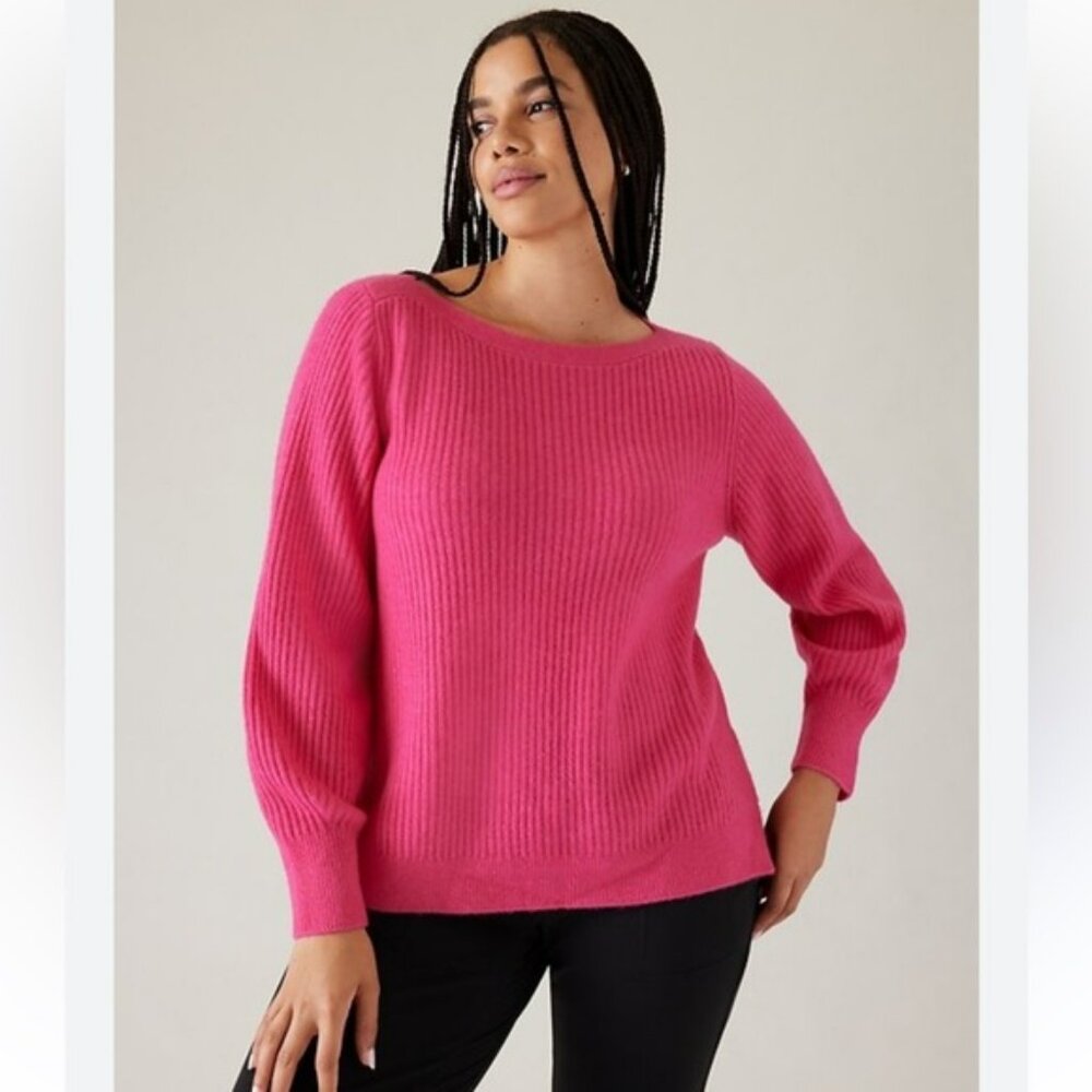 Athleta Layover‎ Sweater S Merino Wool Ribbed Pullover Blouson Long Sleeves Pink